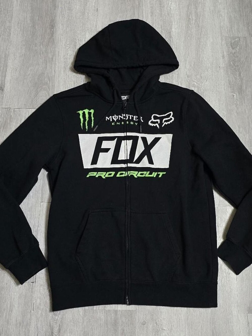 Y2K Vintage Fox Racing Monster Energy Black Zip Up Hoodie Size Medium